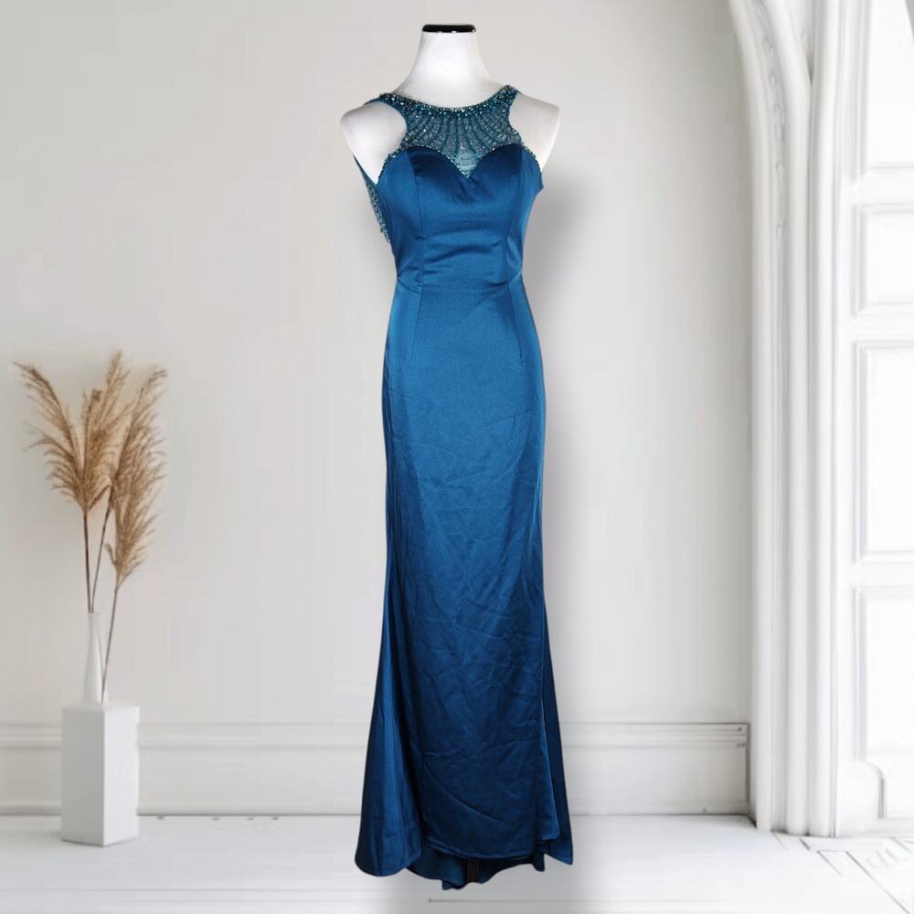 Milano Teal Beaded Open Back Gown Rhinestone Halter Evening Dress Sz 4
